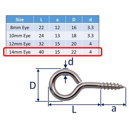 Screw Eye With Wood Thread – A4 Stainless Steel – Available In 4 Sizes