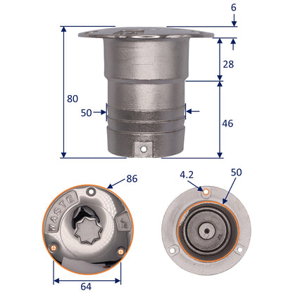 Pump Out Deck Fitting For Waste-Water – 50mm - AISI 316 Stainless Steel
