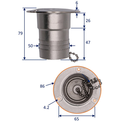 Diesel Deck Filler - 50mm – AISI 316 Stainless Steel