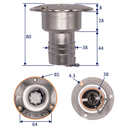 Water Deck Filler – 38mm – AISI 316 Stainless Steel – Winch Handle Star Opening