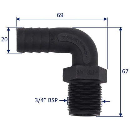 TruDesign Hose Tail - Male BSP Thread – 90 Degree Angle – Black