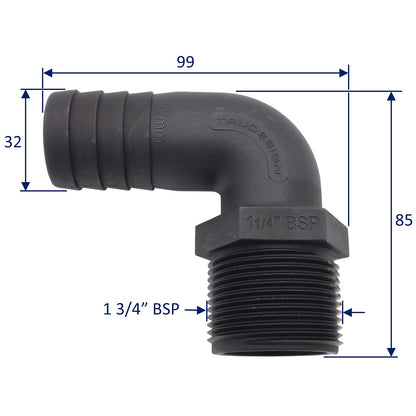 TruDesign Hose Tail - Male BSP Thread – 90 Degree Angle – Black