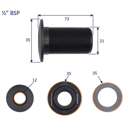 TruDesign – Domed Skin Fitting For Boat Hulls – BSP Thread - Black