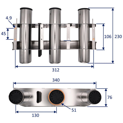 Bulkhead Mount Fishing Rod Holder – 3 Rods – Stainless Steel – Stores Your Fishing Rods Upright