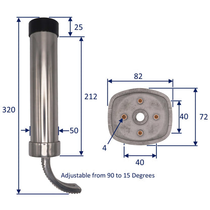 Adjustable Fishing Rod Holder – 40mm Internal Diameter – Angle Adjusts For Tilt & Rotation - Stainless Steel