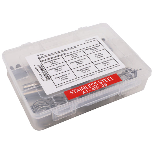 Clevis Pins - Split Pins - Ring Pins Assortment Kit – 48 Piece Set - 8-16mm - A4 Stainless Steel