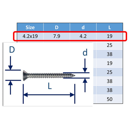 A4 Stainless Steel Self Tapping Screws - Posi Countersunk Head - Marine Grade