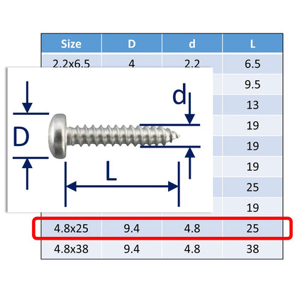 A4 Stainless Steel Self Tapping Screws - Posi Pan Head - Marine Grade