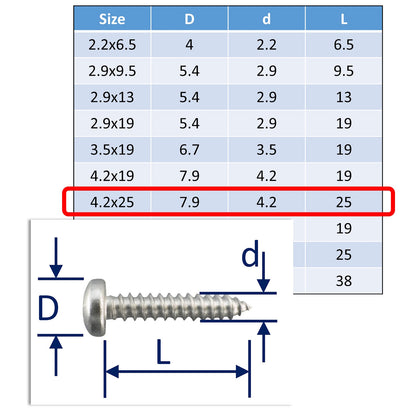 A4 Stainless Steel Self Tapping Screws - Posi Pan Head - Marine Grade