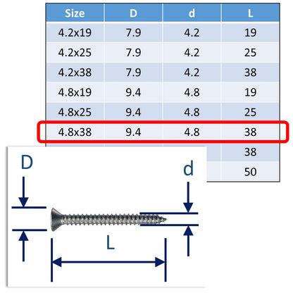A4 Stainless Steel Self Tapping Screws - Posi Countersunk Head - Marine Grade