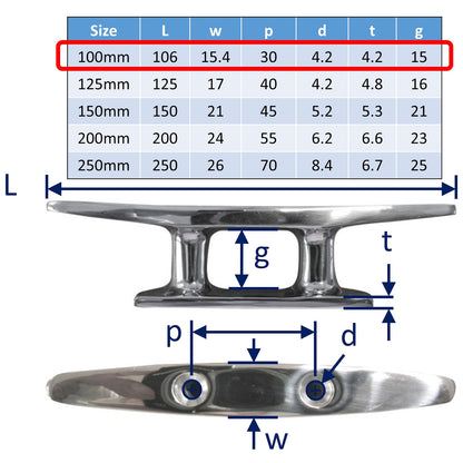 Stainless Steel Boat Cleats - 316-Grade - Rectangular Shape - 2 Bolting Points - Deck Cleats