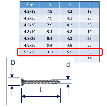 A4 Stainless Steel Self Tapping Screws - Posi Countersunk Head - Marine Grade