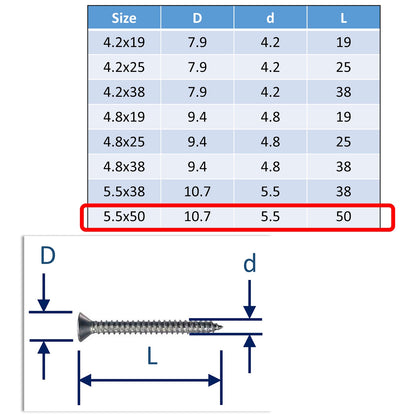 A4 Stainless Steel Self Tapping Screws - Posi Countersunk Head - Marine Grade
