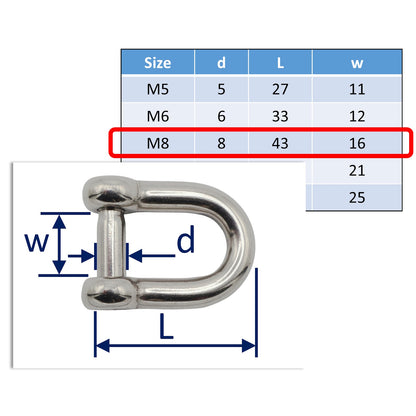 Stainless Steel D-Shackle With Hexagon Socket Pin – 316-Grade Stainless Steel - Metric Sizes