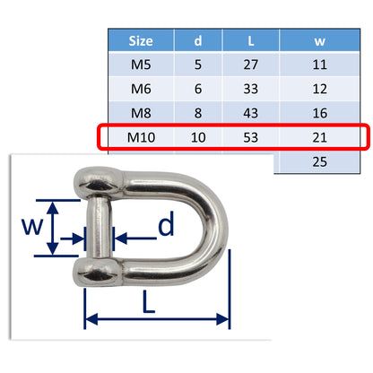 Stainless Steel D-Shackle With Hexagon Socket Pin – 316-Grade Stainless Steel - Metric Sizes