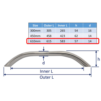 Grab Handle – Polished 316-Grade Stainless Steel – Hidden Attachment – Available In 3 Sizes