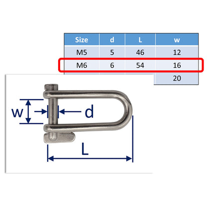 Long D-Shackle With Locking Key Pin – 316-Grade Stainless Steel - Metric Sizes