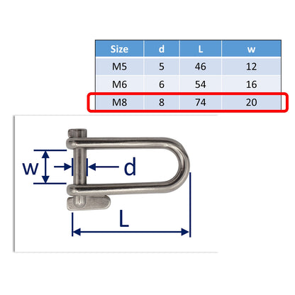 Long D-Shackle With Locking Key Pin – 316-Grade Stainless Steel - Metric Sizes