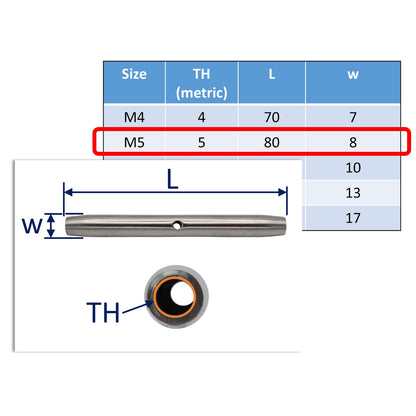 Turnbuckle Body – 316-Grade Stainless Steel – Variety Of Metric Sizes Available