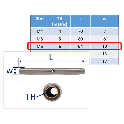 Turnbuckle Body – 316-Grade Stainless Steel – Variety Of Metric Sizes Available