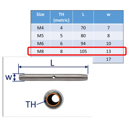 Turnbuckle Body – 316-Grade Stainless Steel – Variety Of Metric Sizes Available