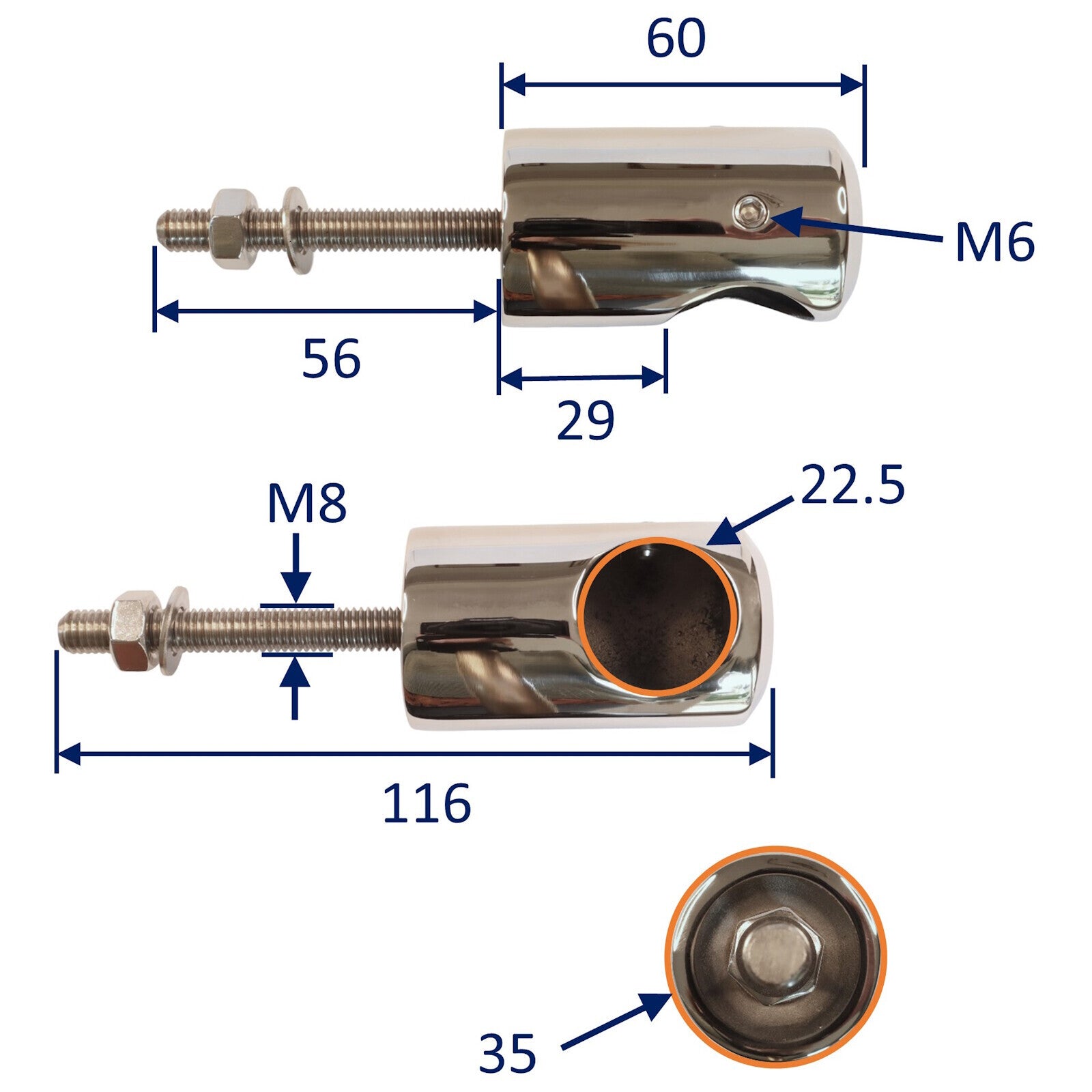Handrail Tube End Fitting With External Thread - Sizes To Fit 22mm And ...