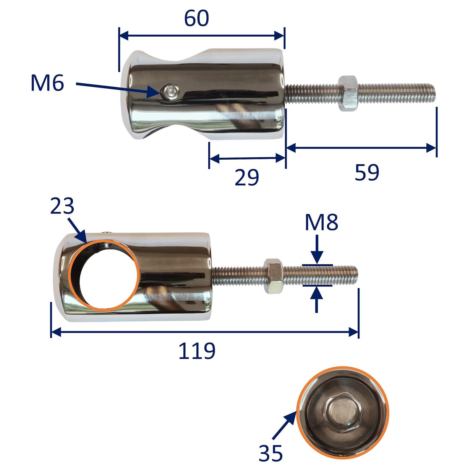 Handrail Tube Centre Fitting With External Thread - In Sizes To Fit 22 ...