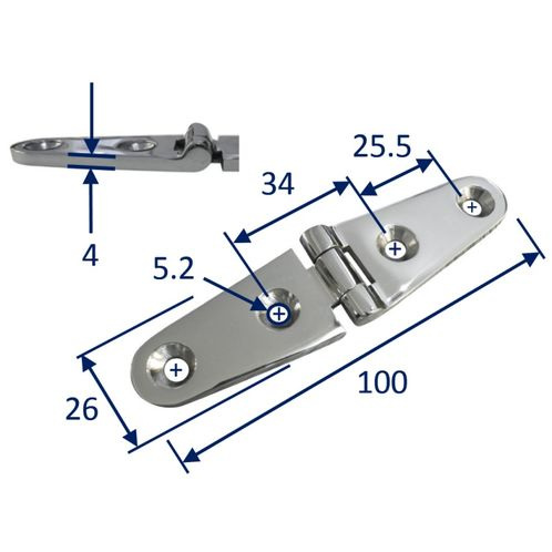 Stainless Steel A4 (316) Strap Hinge, Marine & Sailing, Door, Locker, Cabinet 100x26mm image #