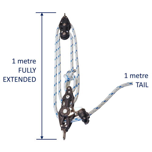 Sailing Pulley Block System 4:1 Ratio, 12mm Blue Fleck Braided Polyester Line, Tied To Block (Not Spliced) image #1