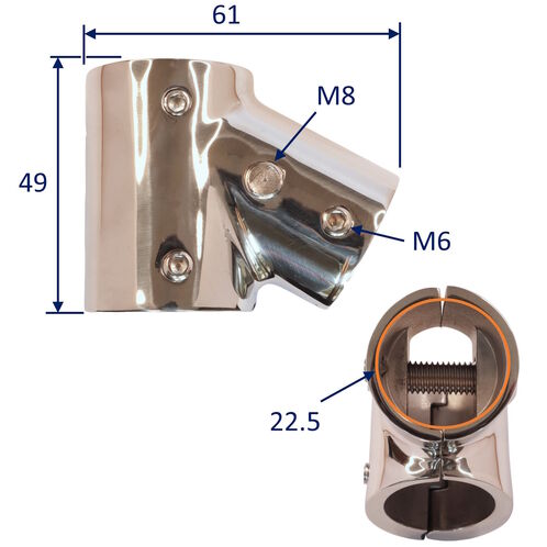Hinged 2 Part T-Fitting with 60 Degree Angle, Stainless Steel, Available In Sizes To Fit 22mm And 25mm Tube image #1