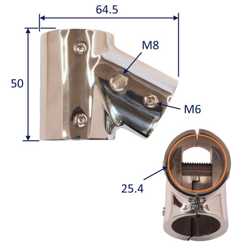 Hinged 2 Part T-Fitting with 60 Degree Angle, Stainless Steel, Available In Sizes To Fit 22mm And 25mm Tube image #2