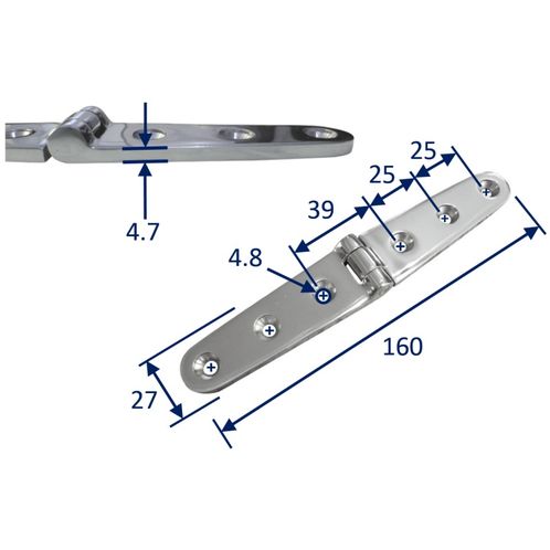 product image for Stainless Steel A4 (316) Strap Hinge, Marine & Sailing, Door, Locker, Cabinet 160x27mm