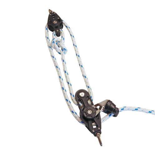 product image for Sailing Pulley Block System 3:1 Ratio, 12mm Blue Fleck Braided Polyester Line, Tied To Block (Not Spliced)