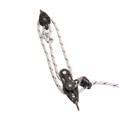 product image for Sailing Pulley Block System 3:1 Ratio, 12mm Red Fleck Braided Polyester Line, Tied To Block (Not Spliced)