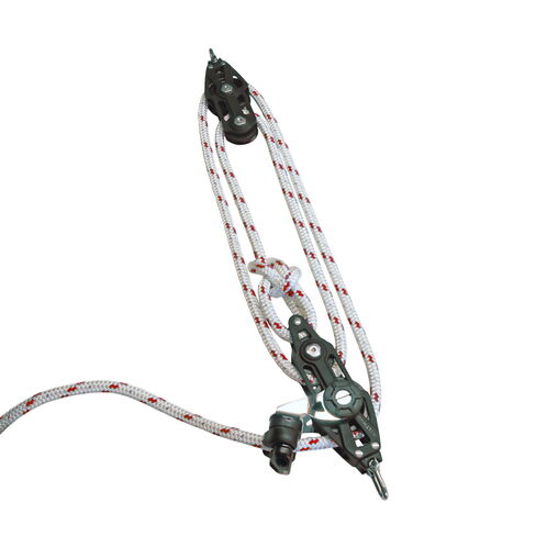 product image for Sailing Pulley Block System 4:1 Ratio, 14mm Red Fleck Braided Polyester Line, Tied To Block (Not Spliced)