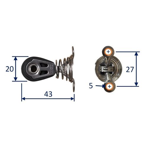 product image for Dynamic 20mm Pulley Block, single on sprung saddle.  Line size 2.5 to 6mm