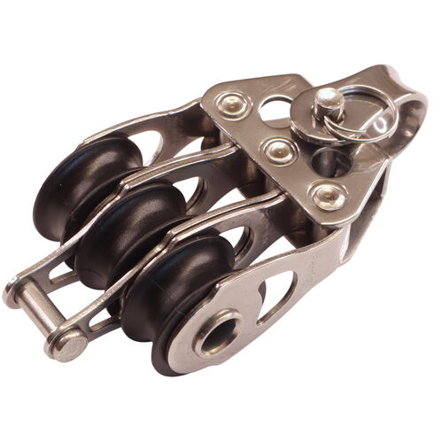 product image for Triple Fixed Pulley Block With Becket & 20mm Sheave, 316 Stainless Side Plates, Miniox