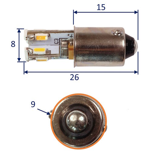 product image for Small Interior LED Bulb, BA9S Fitting, Warm White, 63 Lumen, 6W, 10-30V DC. Chart Table Bulb, Single Contact Base, 12 LED