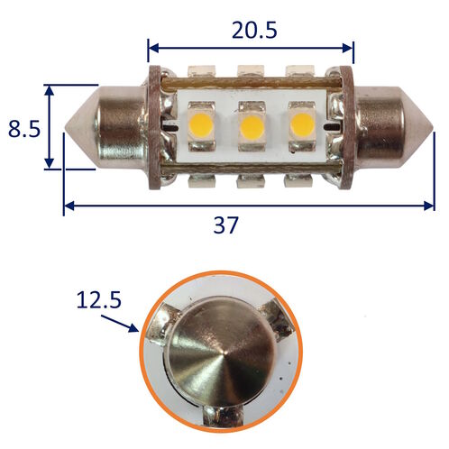 product image for Festoon LED Bulb, SV8.5 Fitting, Warm White, 90 Lumen, 8W, 10-30V DC.  12 LED, 37mm Length