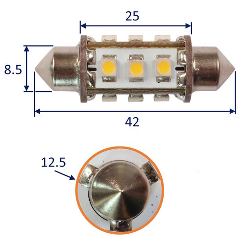 product image for Festoon LED Bulb, SV8.5 Fitting, Warm White, 90 Lumen, 8W, 10-30V DC.  12 LED, 42mm Length