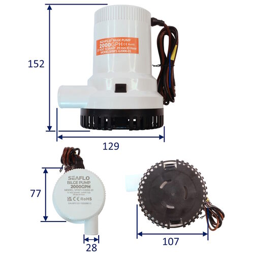 product image for SEAFLO 2000 GPH Electric Bilge Pump / Non-Automatic / Submersible Pump / 12Volt